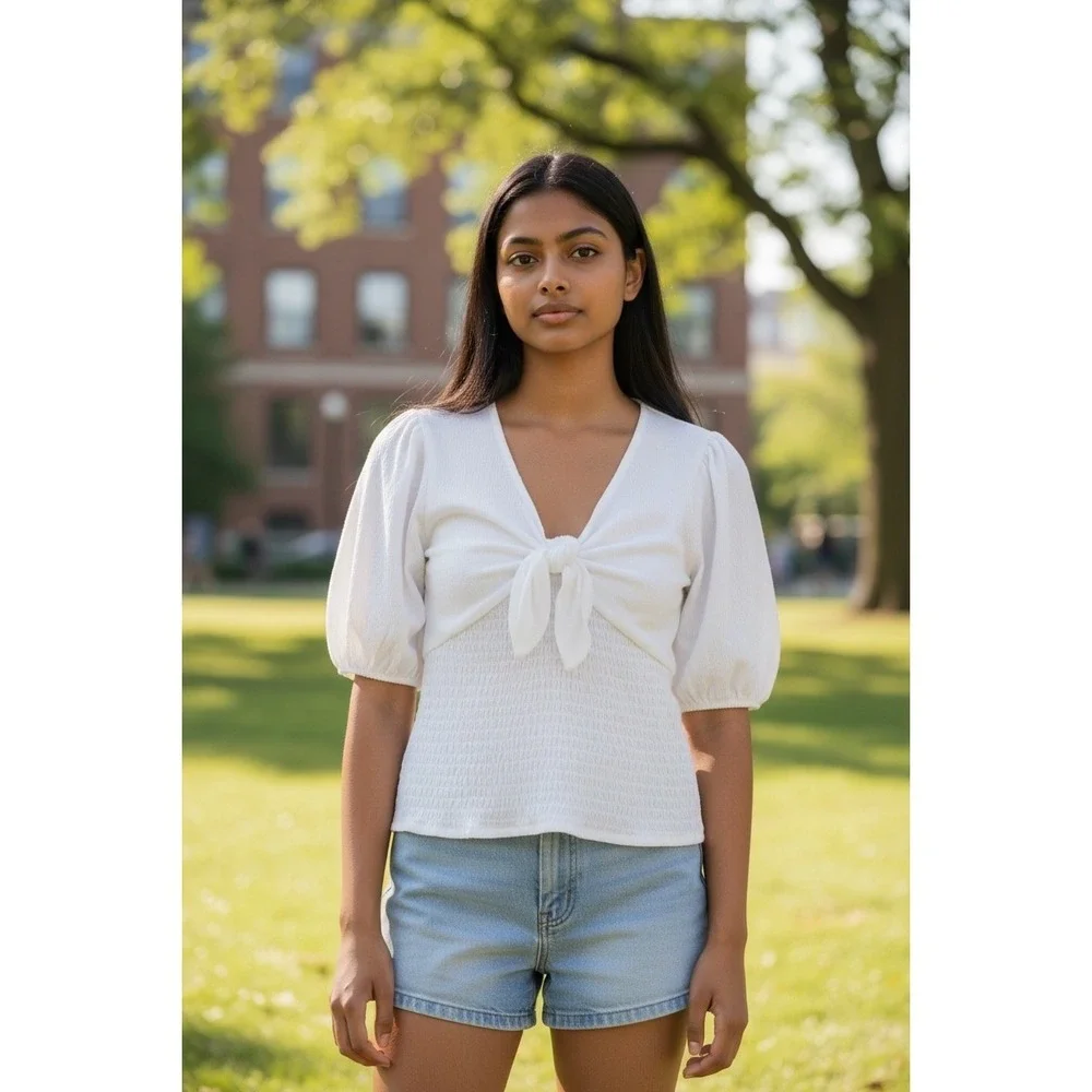 Abercrombie & Fitch White Tie Front‎ Smocked Puff Sleeve Top Medium